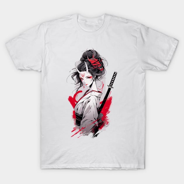 Beautiful girl with horns,  katana,Asian drawing T-Shirt by NemfisArt